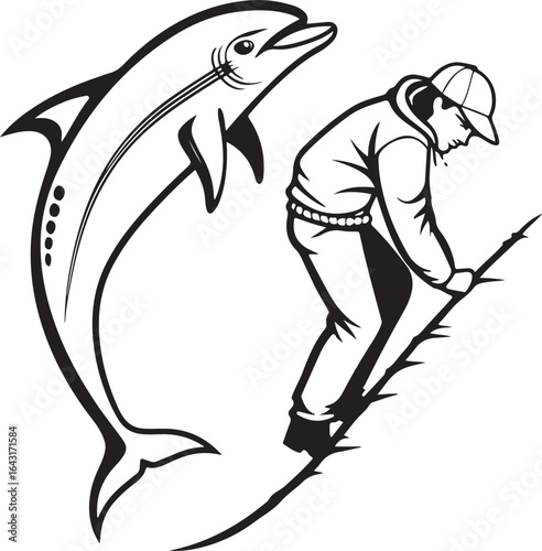 Dolphin leaping near a person fishing from a boat jumping