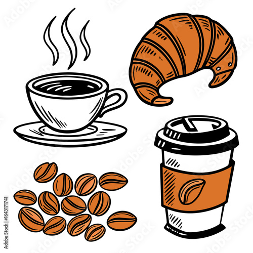 Hand-Drawn Coffee Vector Icon Pack – Cup, Croissant, Beans & Takeaway Cup

