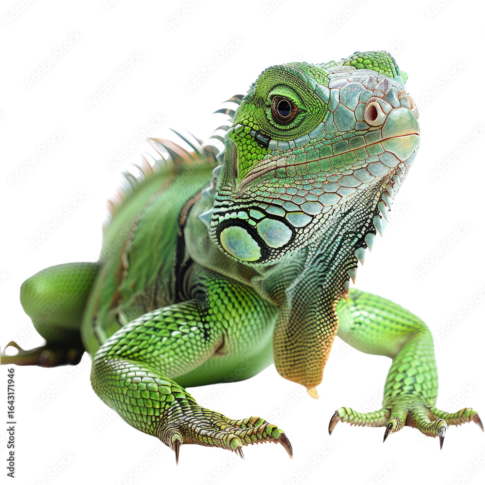 Obraz premium A vibrant green iguana, showcasing intricate scales and sharp claws, isolated on a transparent background. background removed