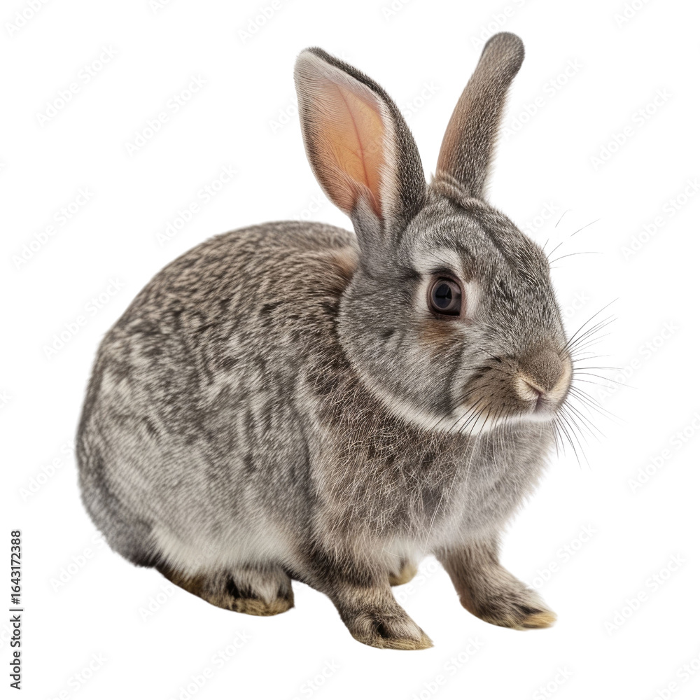 Fototapeta premium Adorable gray rabbit sitting, fluffy fur, long ears, cute pet animal. background removed