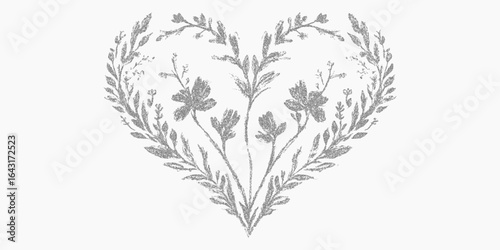 Heart of flowers. Single abstract object, soft ink specks, threshold shading. Slight distress depth.
