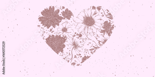 Pink floral heart. Bold figure with visible halftone, speckled overlay and rough threshold shading. Faint grain and subtle brush texture.