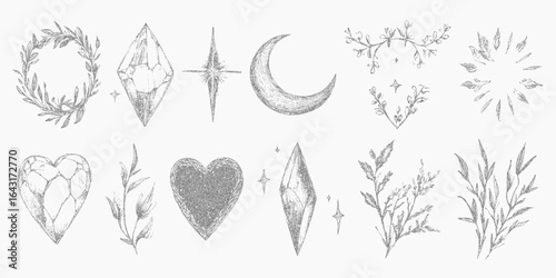Set of mystical and magical elements. Abstract black shape with noisy grain, stipple detail and grunge threshold marks.