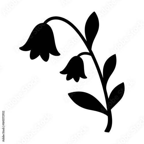 Silhouette of a Bellflower with Leaves on a White Background