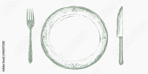 Vintage plate and cutlery. Grunge mark with textured threshold, scattered gravel and dusty grain. Soft stipple and ink surface create a retro sketch style.