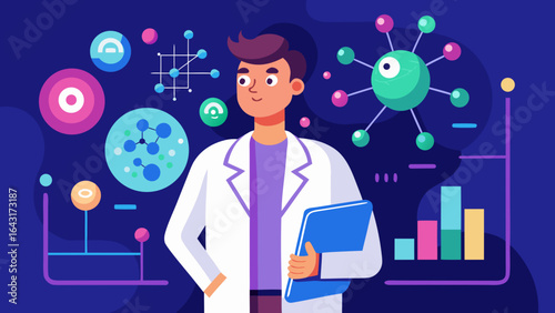 Illustration of a scientist in a lab coat holding a clipboard with scientific diagrams around him