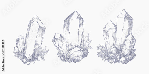 Three blue crystal druse. Grainy texture with ink threshold, soft paper stains and light grit. Dusty speckle and subtle surface noise add a vintage effect.