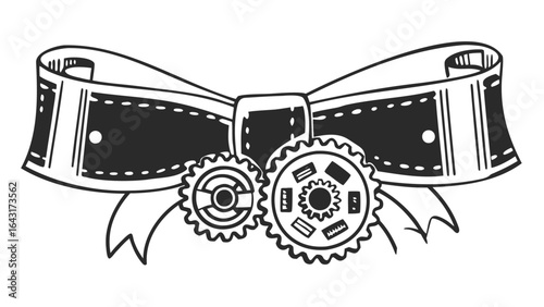 Film strip bow tie with two gears in black and white technical drawing style illustration design