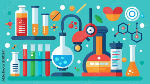 Illustration of scientific laboratory equipment including test tubes flasks and a microscope on blue background