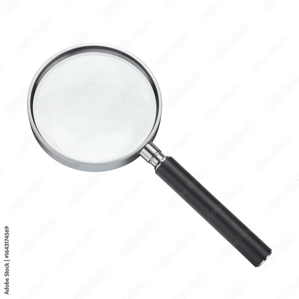 Classic magnifying glass with silver rim and black handle isolated on transparent background for investigation and discovery Classic magnifying glass with silver rim and black handle isolated on transparent background for investigation and discovery