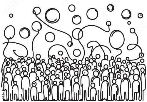 Black Line Doodle abstract People, crowd sketch with air ballon
