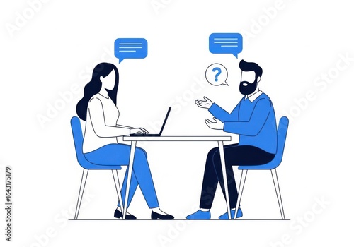 Wallpaper Mural Illustration of a business meeting or interview with two people discussing at a desk with a laptop and question mark Torontodigital.ca