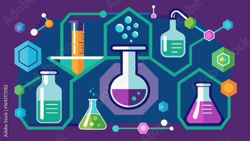 Illustration of scientific laboratory equipment with beakers and molecular structures shown clearly