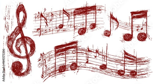 Hand-drawn, textured musical notes and staff in maroon