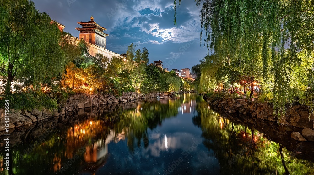 Obraz premium Illuminated Ancient City Riverfront at Night with Willow Trees and Reflections