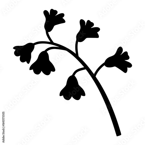 Silhouette of a flowering plant with stylized bell shaped blossoms in black