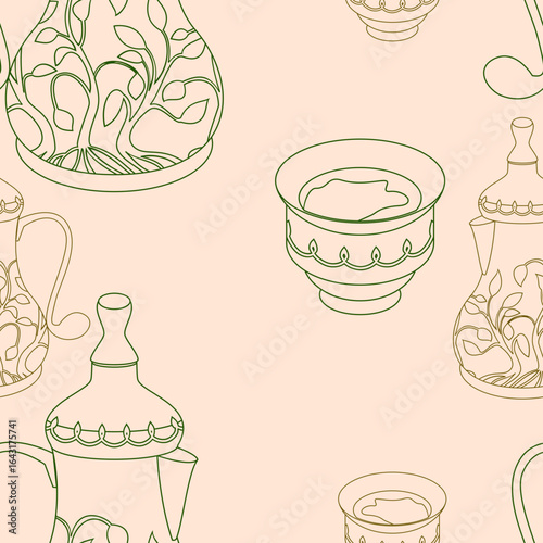 Editable Outline Patterned Bulbous Dallah Coffee Pots and Finjan Cups Vector Illustration in Various Colors as Seamless Pattern for Background of Arab Culture Tradition Cafe and Islamic Moments