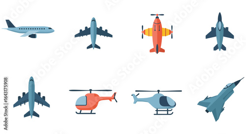 Collection of various airplanes and helicopters isolated on white background vector illustration