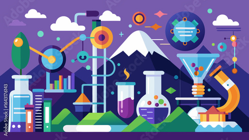 Illustration of a scientific laboratory setup with various equipment and experiments shown clearly