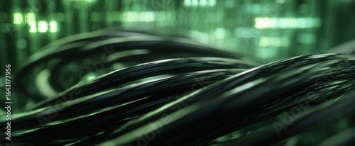 The flowing black cables amidst a vibrant green digital backdrop.