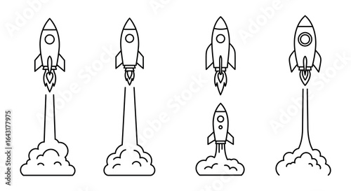 Four Rocket Launch Illustrations with Smoke Trails in a Simple Line Art Style
