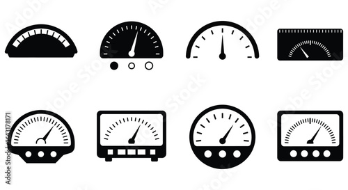 Set of Analog Gauges and Meters in Black Silhouette Style on White