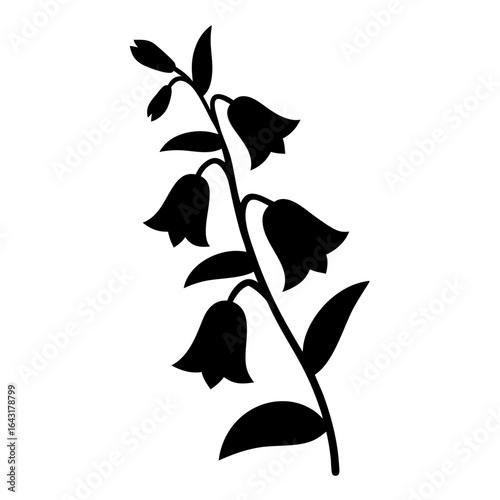 Monochrome floral illustration of a flowering plant with bell shaped flowers