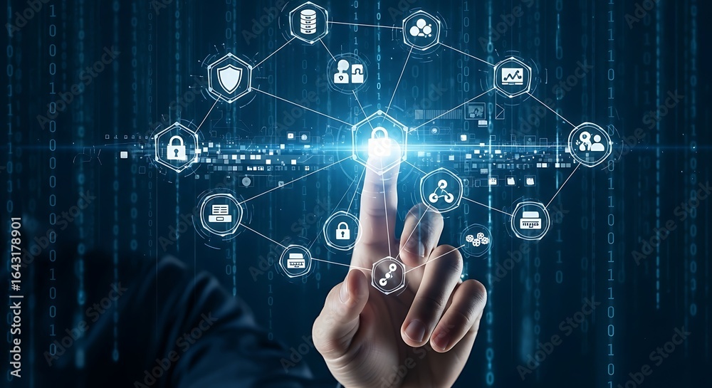Fototapeta premium Hand touching a digital network of icons and data