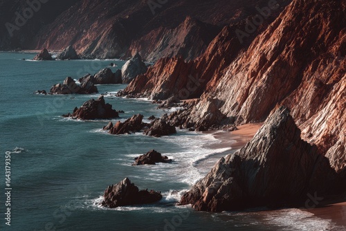 Coastal cliffs meet the ocean. Dramatic rugged cliffs, various shades of brown and beige, meet a dark teal ocean.  Waves crash on rocky shoreline