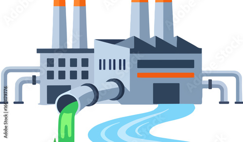 Factory Releasing Green Effluent into Water Stream Cartoon Style
