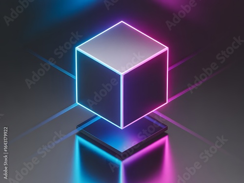 Neon Cube on a Pedestal a Modern Display of Geometric Art and Light Design for Digital Showcase