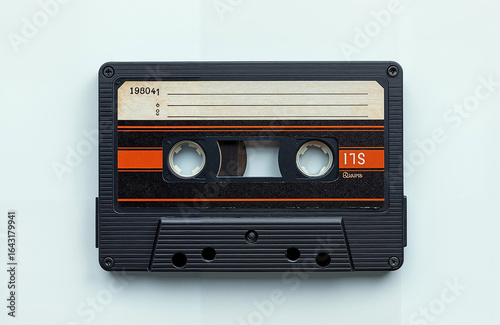 Vintage audio cassette tape with black and orange design on white background  