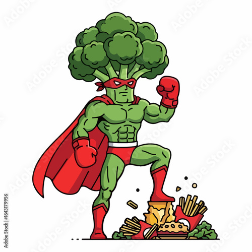 Cartoon Broccoli Superhero with Red Cape Standing Victorious
