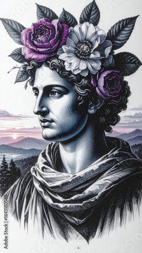 Ancient photo of a medieval person with floral decoration 9