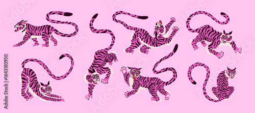 Groovy vector set of tigers. Trendy wild animal characters in different poses. Flat illustration for prints, packaging, stickers.
