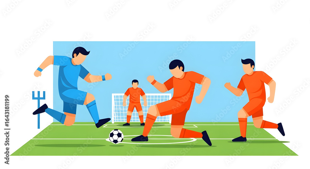 Fototapeta premium Vector illustration of a soccer match with players in orange and blue uniforms competing for the ball on a green field.