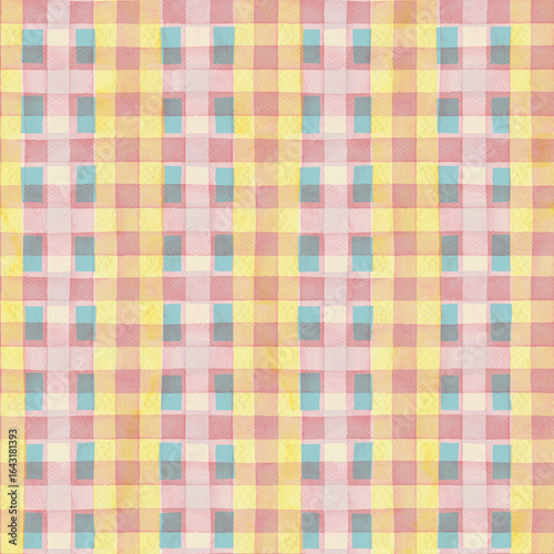 Pink and yellow checkered gingham seamless pattern. Hand drawn watercolor textured brush stroke. Great for plaid kitchen textile and countryside wallpaper. Perfect for simple kid decor and bed linen.