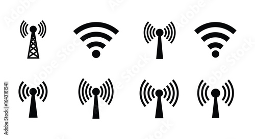 Set of Black Communication Tower Icons on White Background for Graphic Design