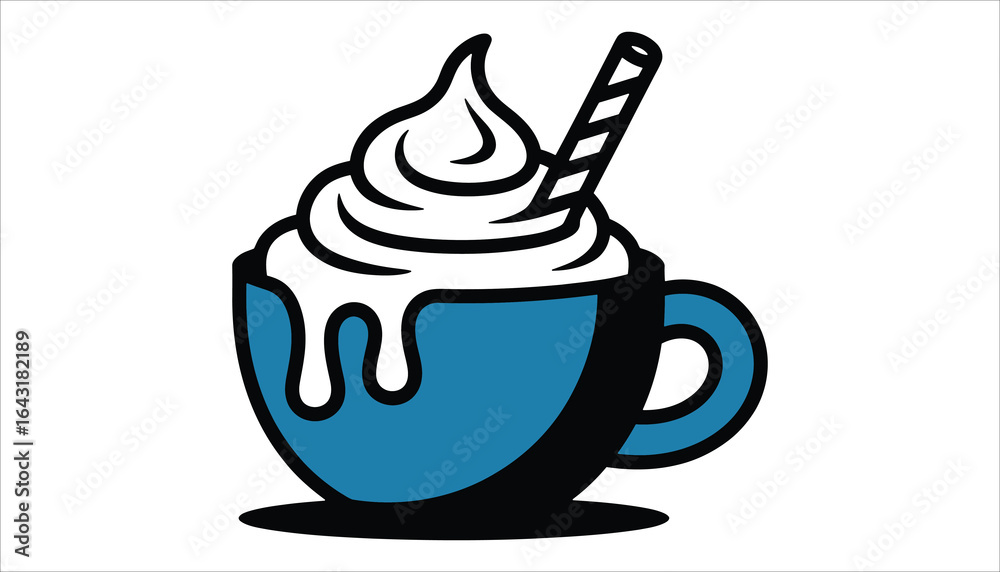 Obraz premium Coffee Cup with Whipped Cream and Straw – Hot Chocolate, Cappuccino, Latte Art Vector Illustration