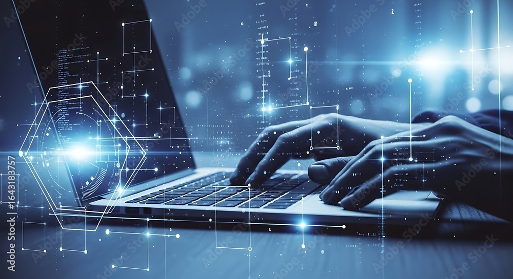 Naklejka premium Closeup of hands typing on a laptop with digital network overlay