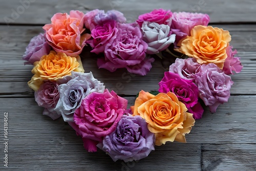 Heart-shaped arrangement of vibrant roses arranged beautifully on a rustic wooden background.