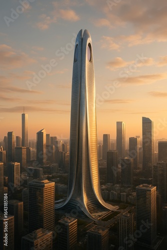 Futuristic Glass Skyscraper at Sunset