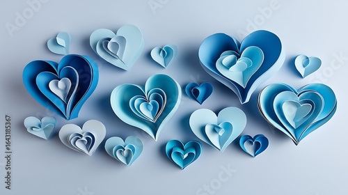 Heart-shaped paper cutouts scattered on a light blue background, evoking a feeling of love and positivity.