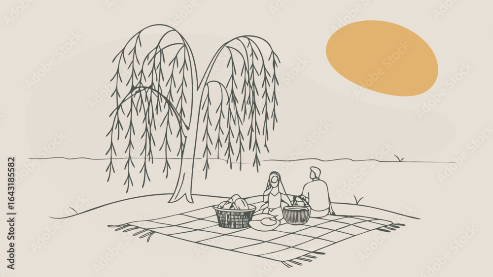 Naklejka premium A serene picnic scene with a man and woman enjoying a peaceful moment under a willow tree by the water.