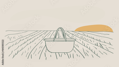 A simple illustration of a picnic basket resting in a field at sunset, symbolizing tranquility and nature.
