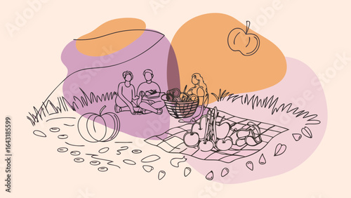 A group of three friends enjoys a colorful outdoor picnic surrounded by fresh fruits and vegetables.