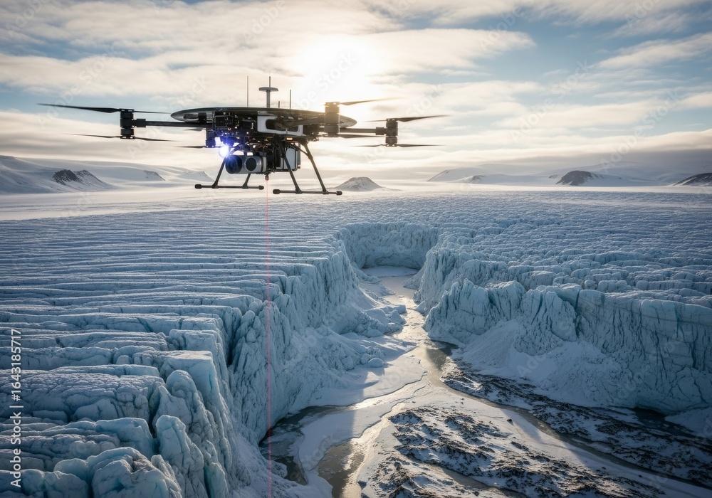 Obraz premium Drone surveys the icy white snowy landscape in winter with mountains and lakes. Aerial view of ice-covered nature under beautiful blue sky.