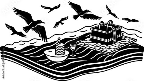 A stylized black and white illustration depicting a raft on water with luggage, a drink, and birds in flight.