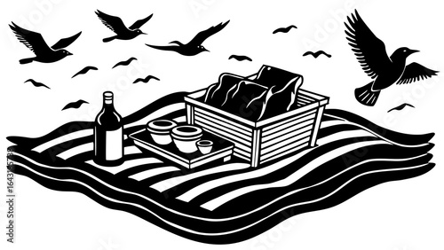 A serene black-and-white illustration of a basket on waves, surrounded by flying birds, evoking tranquility and adventure.