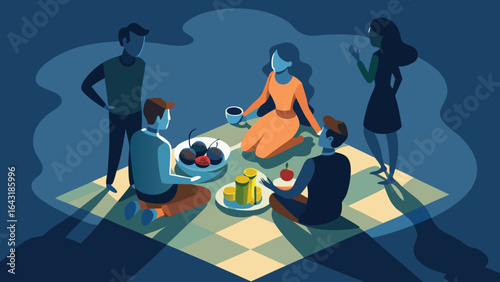 Diverse group of friends enjoying an outdoor picnic at night, surrounded by food and drinks under soft lighting.